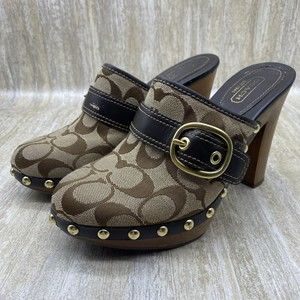 COACH Willow Brown Signature Slide Clogs Mules Heels Womens Size 6